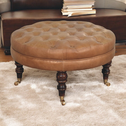 Durvon Ottoman – Saddlehide Leather, Rollcast Legs