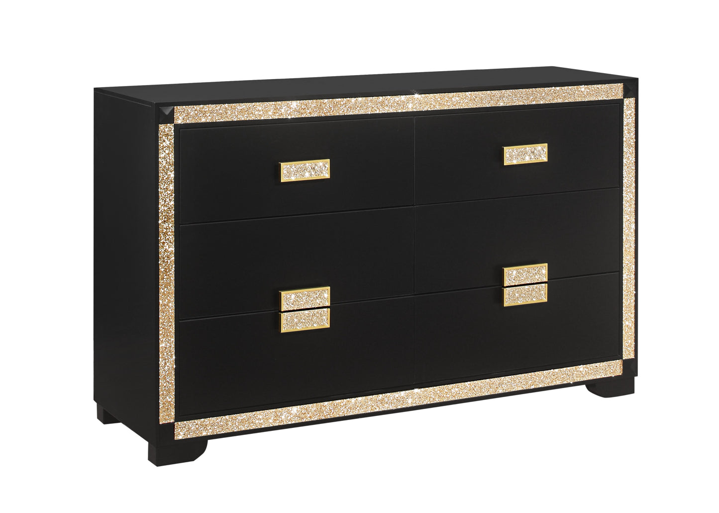 Livia NoirGold Console – Black & Gold 6-Drawer Dresser with Gloss Accents