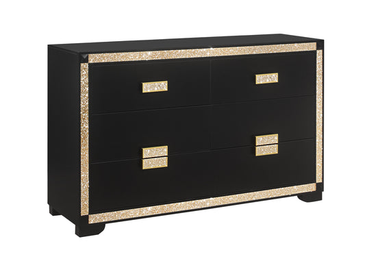 Livia NoirGold Console – Black & Gold 6-Drawer Dresser with Gloss Accents