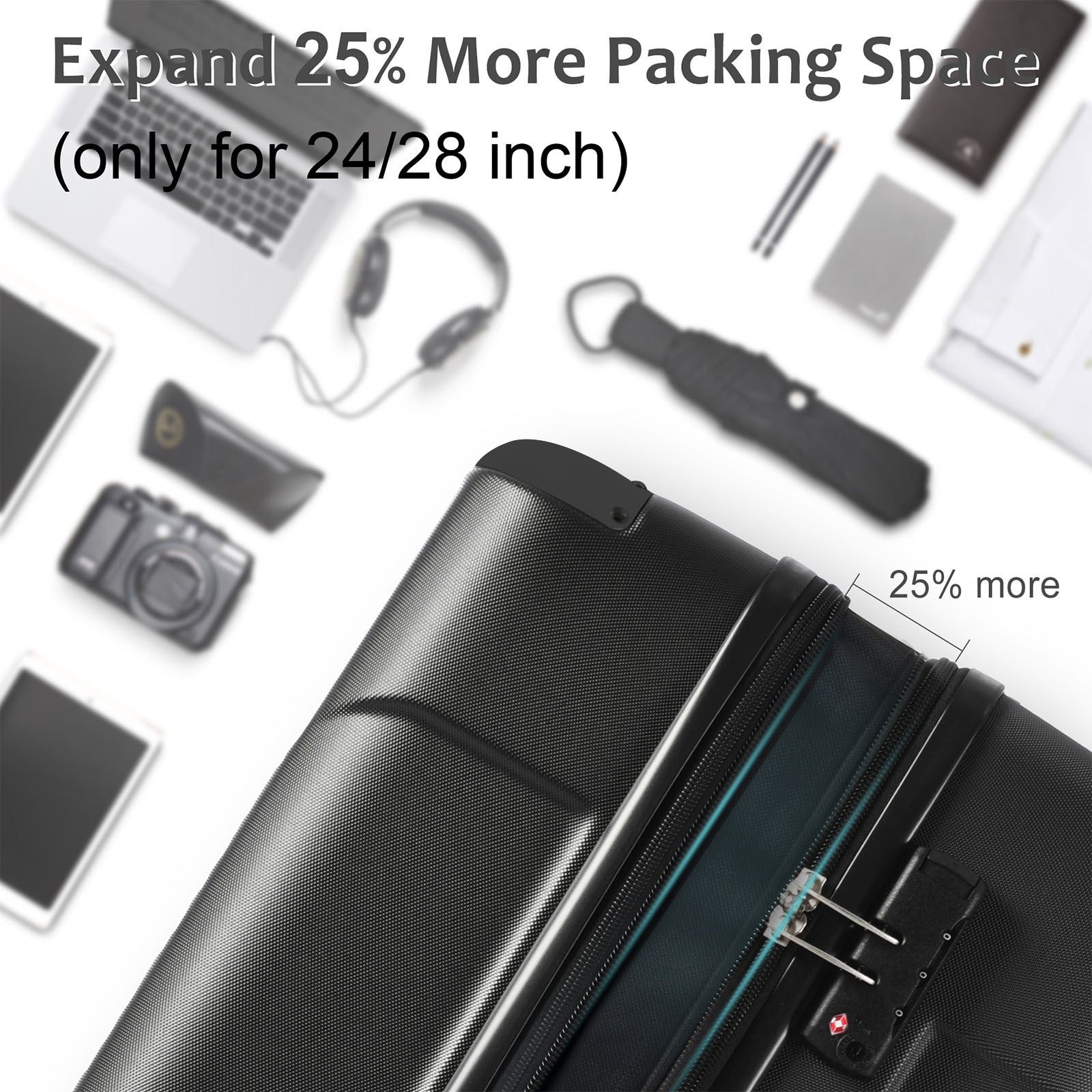 Jetera 3 - Piece ABS Luggage Set – Black Expandable Suitcases with Double Spinner Wheels & TSA Lock (20/24/28") - JUSTLIVE NESTJUSTLIVE NEST