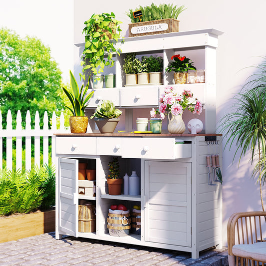 Tallia Garden Hutch Table – 65.7" Potting Station with Full Storage & Shelves (White)
