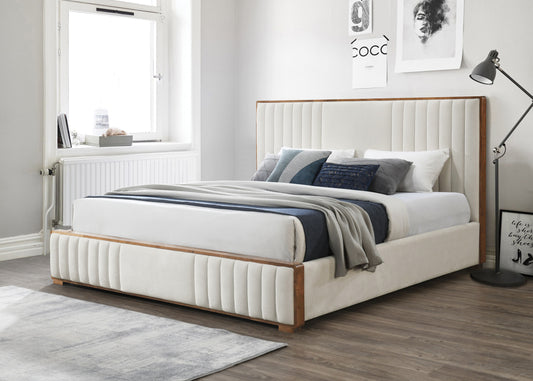 Kalea King Bed – Beige Chenille Upholstered Frame with Walnut Trim