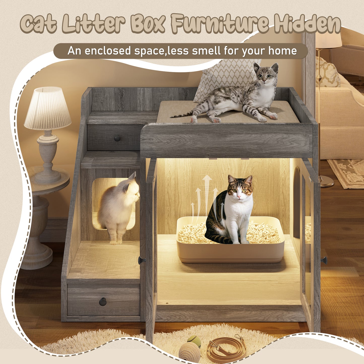 Nuvio LED Cat Litter Cabinet – Hidden Enclosure with Dual Drawers & Side Table Design - JUSTLIVE NESTJUSTLIVE NEST