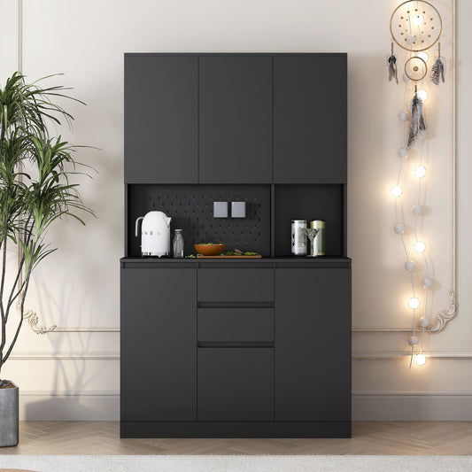 Norwin Pantry Cabinet – 74'' Black Kitchen Storage Unit with 6 Doors, 2 Drawers, and 3 Shelves