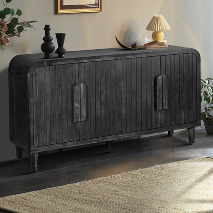 Farmessa Curve Sideboard – 59" Antique Black Cabinet with Carved Grain & Wood Handles