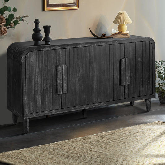Farmessa Curve Sideboard – 59" Antique Black Cabinet with Carved Grain & Wood Handles