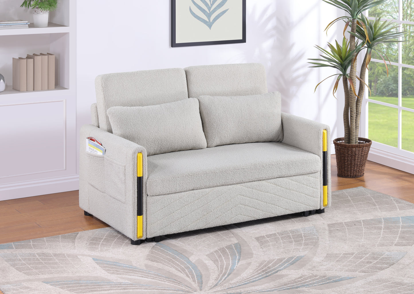 55.5' Beige Teddy Velvet Sleeper – Dual-Pull Convertible Loveseat for Small Living Spaces