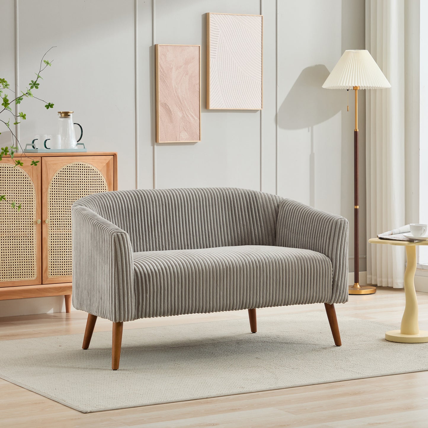 Lunara™ 50' Modern Corduroy Loveseat – Walnut-Legged 2-Seater Sofa for Small Spaces, Grey
