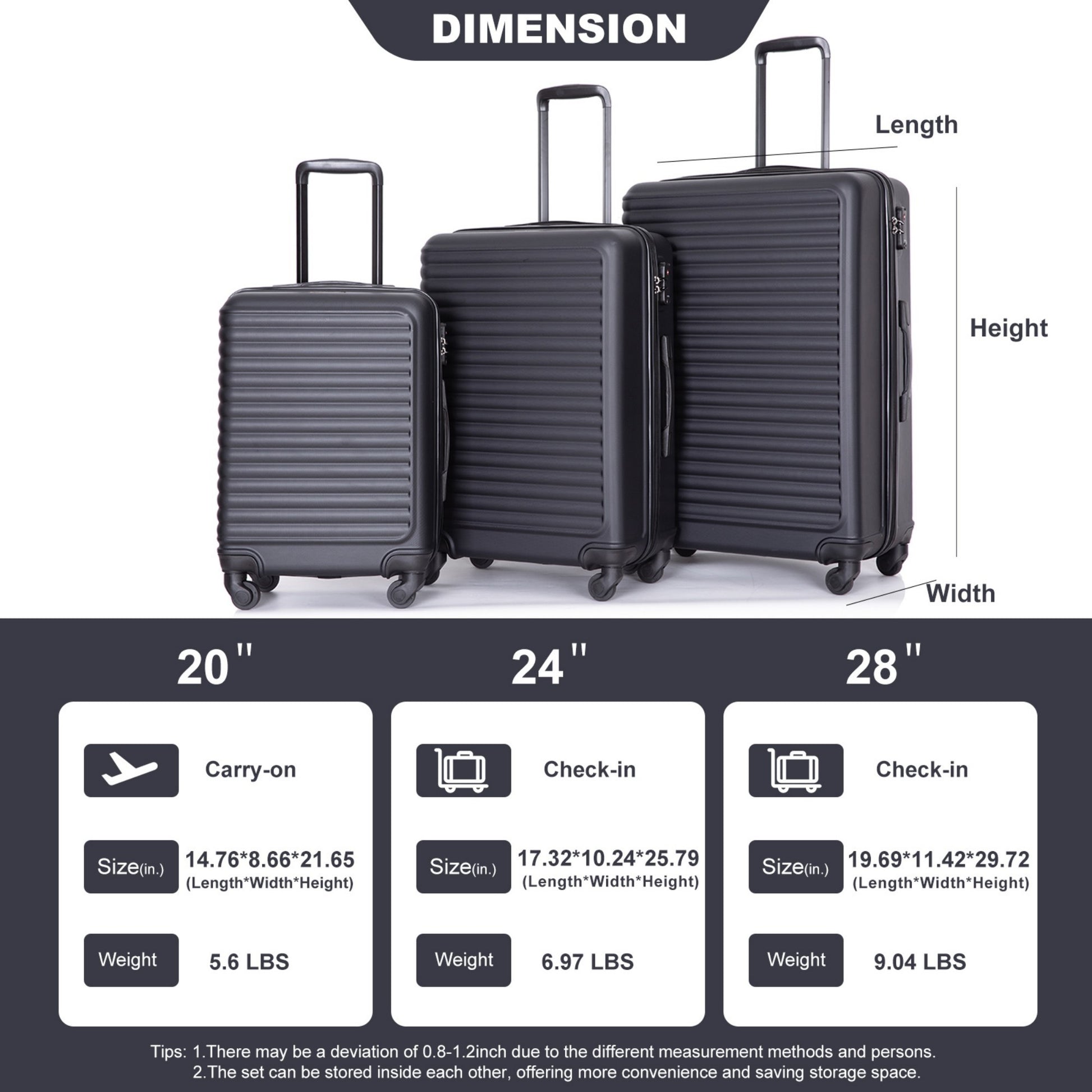 Jetera 3 - Piece ABS Luggage Set – Black Lightweight Suitcases with Spinner Wheels & TSA Lock (20"/24"/28") - JUSTLIVE NESTJUSTLIVE NEST