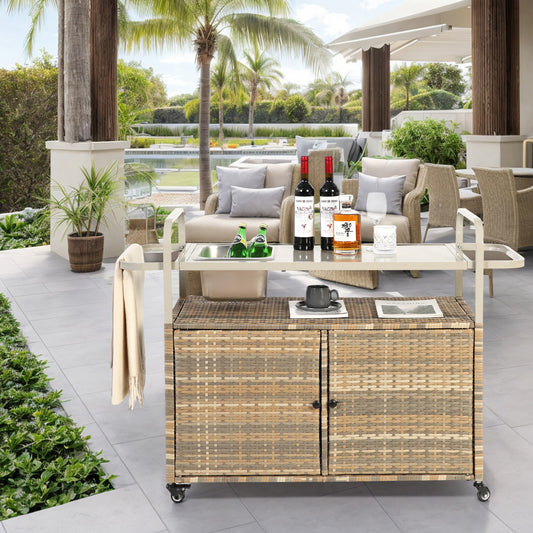 Vina Outdoor Bar Cart – Wicker Patio Server with Ice Bucket & Wheels (Beige Finish)