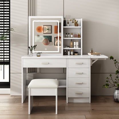 Vionix Shine Station – White Vanity Set with Lighted Mirror, Open Shelves & 5 Drawers