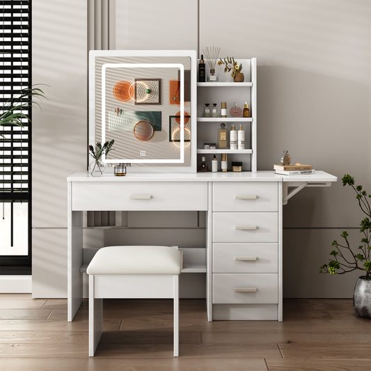 Vionix Shine Station – White Vanity Set with Lighted Mirror, Open Shelves & 5 Drawers