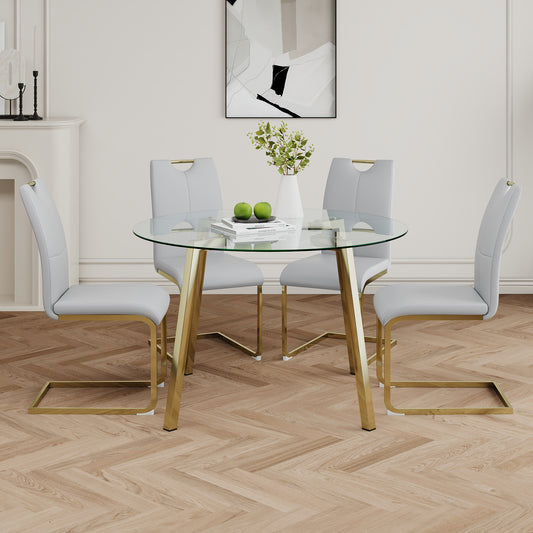 Avera 5-Piece Glass Round Dining Set – Light Gray PU Chairs with Gold Legs, Contemporary Luxe Style