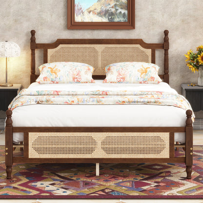 Ravella Queen Bed – Walnut Pine Frame with Rattan Headboard & Footboard