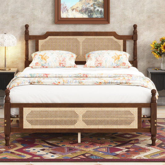 Ravella Queen Bed – Walnut Pine Frame with Rattan Headboard & Footboard