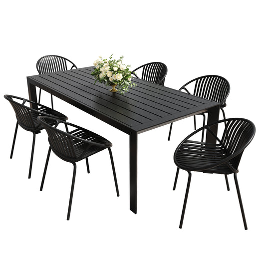 Nera 7-Piece Dining Set – Black Outdoor Table with Stackable Metal & Polypropylene Chairs