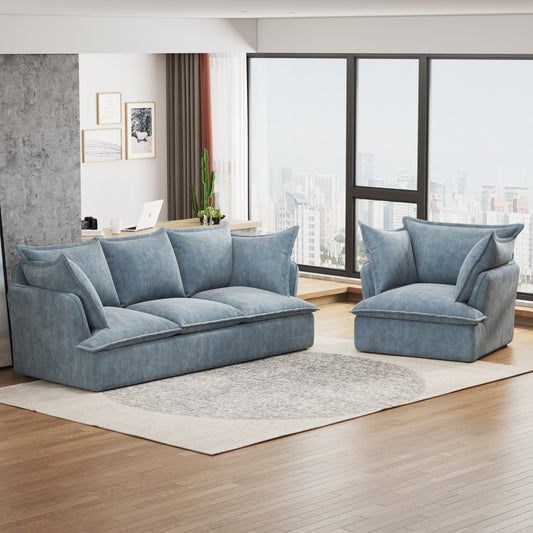 94' 4-Seat Lounge – Deep Seat Chenille Sofa with Dual Arm Pillows (Blue)