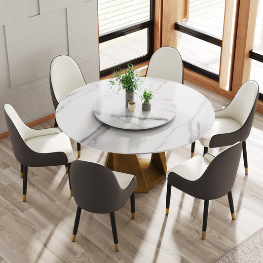 Lunari 7-Piece Marble Dining Set – 59" Round Table with White Turntable & Bronze Metal Base, 6 Chairs