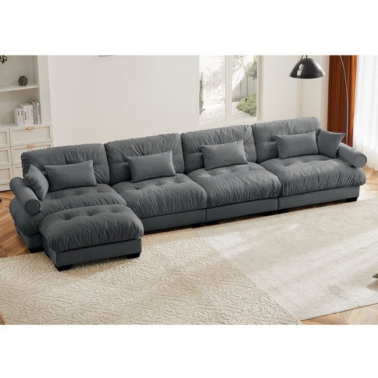 Oversized Modular Velvet Sectional – Deep Seat L-Shape Sofa with Movable Ottoman & Bolster Arms