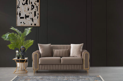 Melody Atelier Loveseat – Chic Taupe Velvet Convertible Sleeper with Metal & Wood Trim