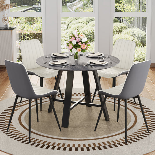 Kavira 5‑Piece Round Dining Set – Gray Wood Table with Dual-Tone Chair Cushions