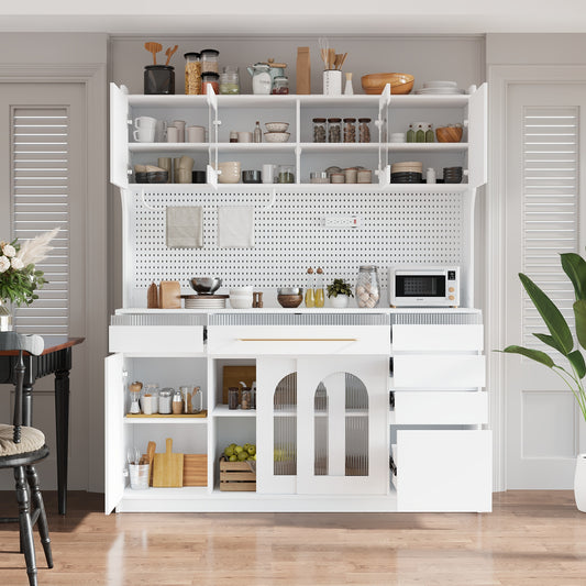 Topmax Hutch Cabinet – 63'' White Buffet with Pegboard, Power Outlets, and Open Storage