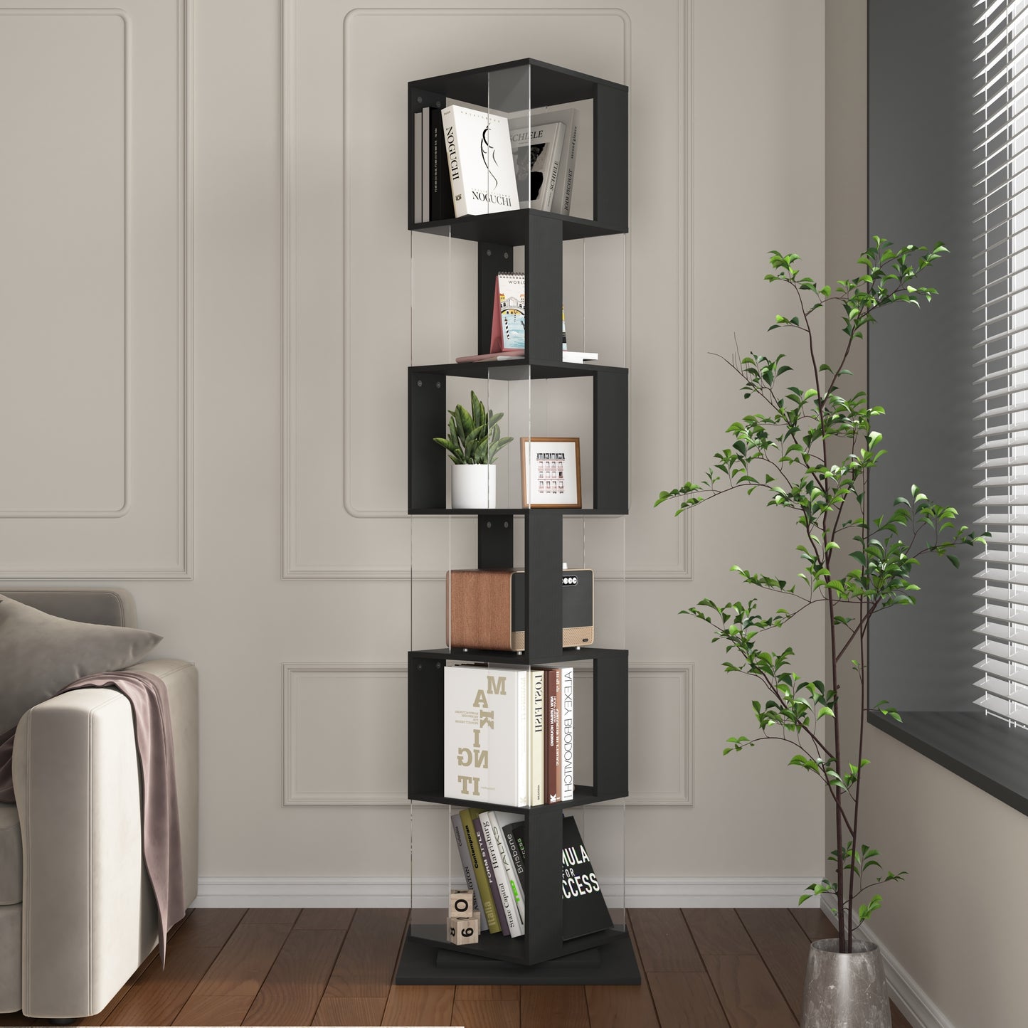 Spindra Tower – 6-Tier Rotating Bookshelf with Acrylic Plates & Safety Base
