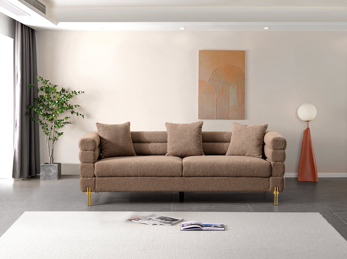 NestEdge ‘AuroraNest” Sofa – Luxe Upholstered | Golden Legs + Accent Pillows