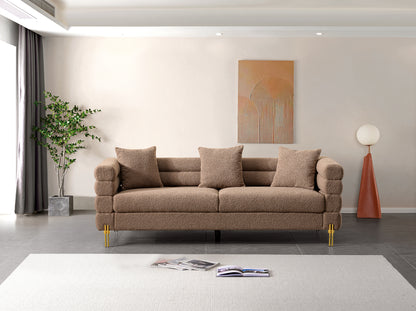 NestEdge ‘AuroraNest” Sofa – Luxe Upholstered | Golden Legs + Accent Pillows