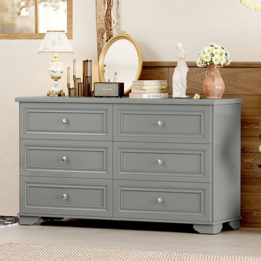 Hawen Retro Dresser – Gray 6-Drawer Storage Cabinet with Classic Metal Handles