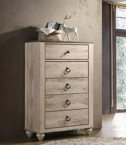 Imerland PatchTower – 5-Drawer Chest with Mixed Woodgrain Top and Whitewashed Body