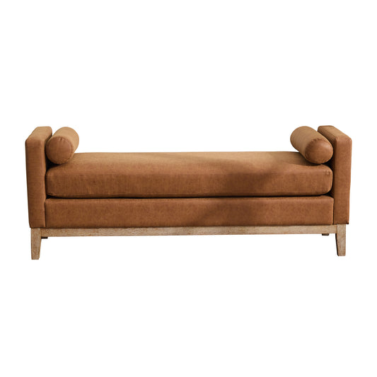 Auren Daybed Bench – Brown Faux Leather with Wood Legs & Bolsters, 66.3" Upholstered Seat