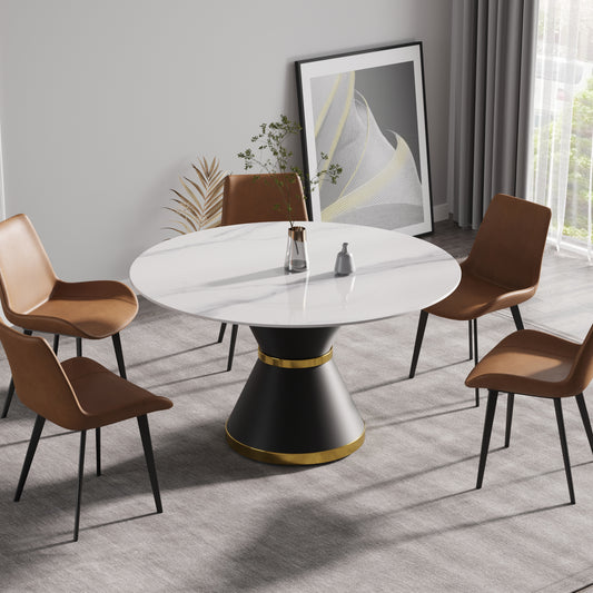 Cravone 9-Piece Dining Ensemble – Black Stone-Look Round Table with Carbon Steel Base & 8 Chairs