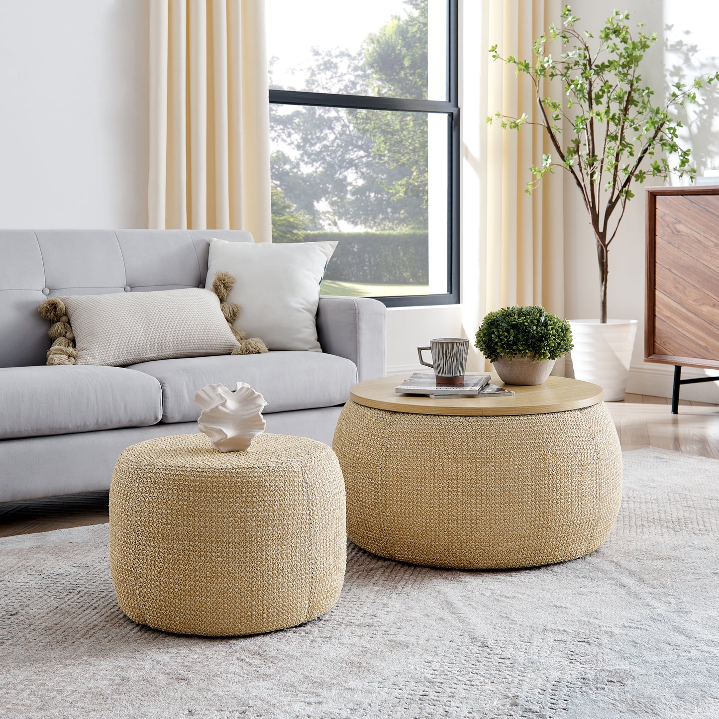 Rattanor Ottoman Set – Naturweave Shell, DualForm Table + NestSeat