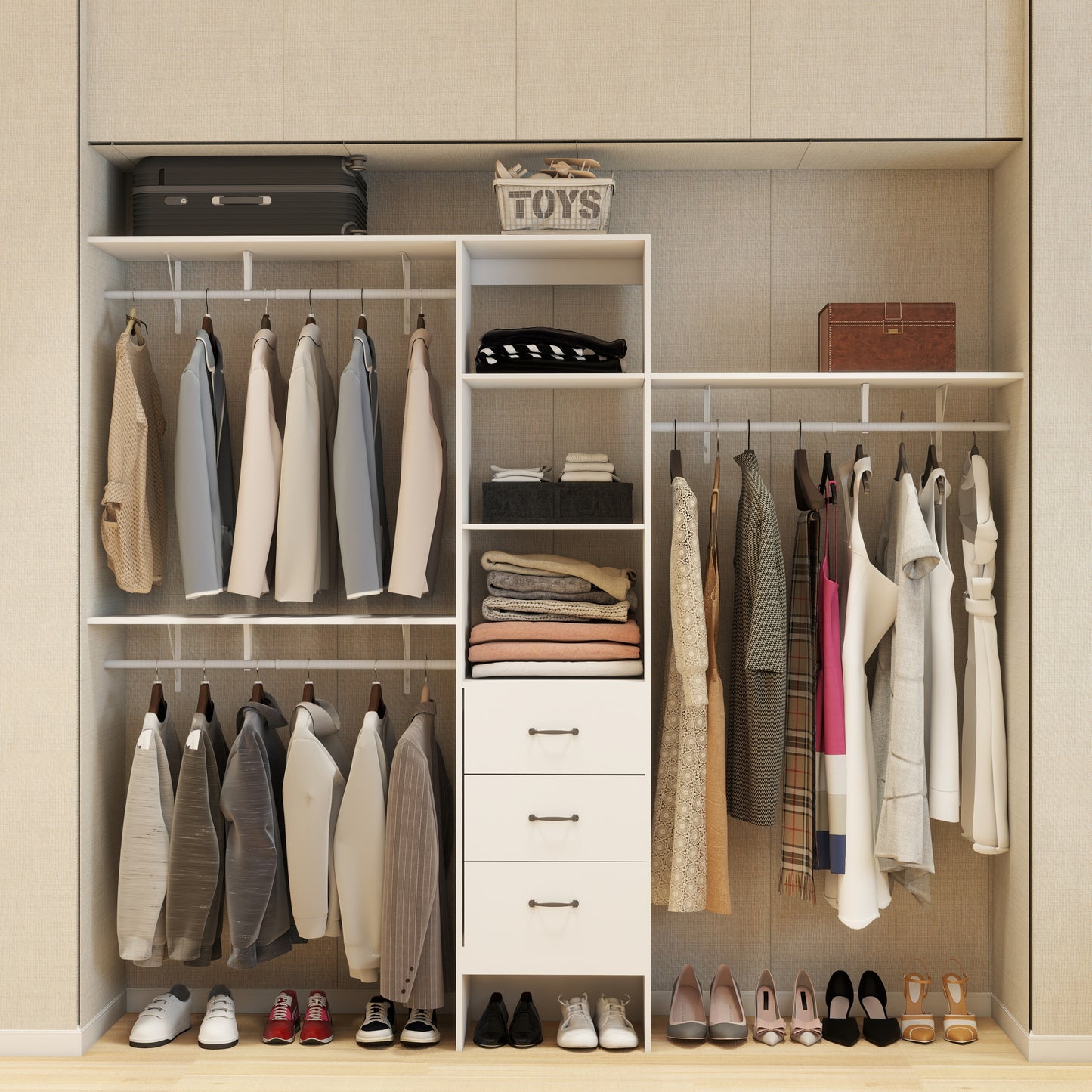 Erdan 96" Walk-In Closet System – White 8FT Organizer with Rods, Drawers & Shelves