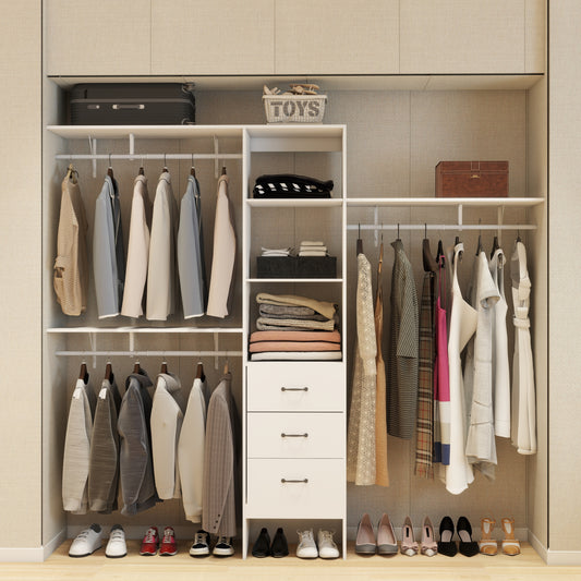 Erdan 96" Walk-In Closet System – White 8FT Organizer with Rods, Drawers & Shelves