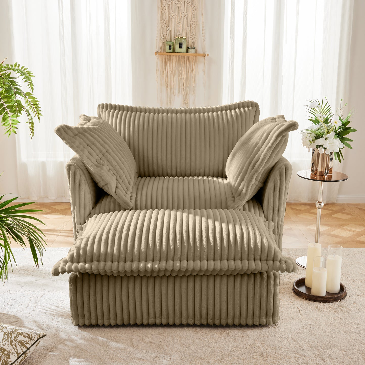 JUSTLIVE ‘Comfina Luxe” Armchair Set – Camel Corduroy | Deep Seat + Wide Ottoman + Oversized Pillows (2PC)