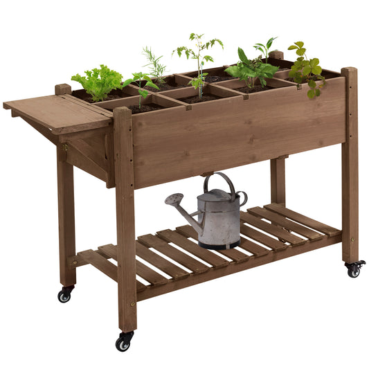 JUSTLIVE NEST® Gridwell Raised Garden Bed – 8-Grid WoodGrow Stand with Folding Shelf & Wheels (Brown)