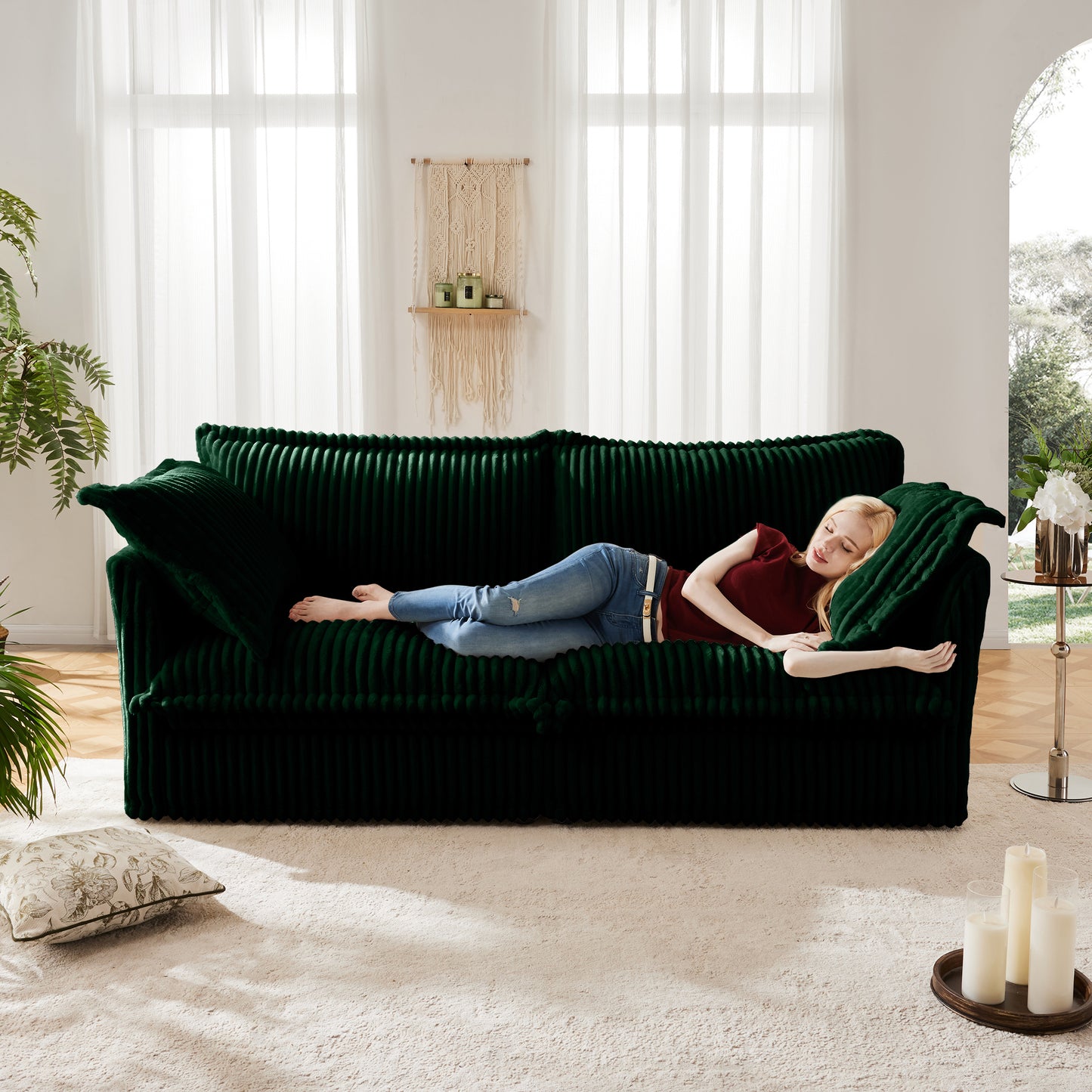 JUSTLIVE ‘Comfina Luxe” Sofa – Green Corduroy | 2-Seat Slipcovered + Deep Cushion Comfort