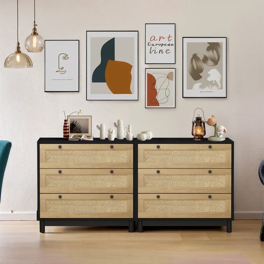 Verrow Duo Chest – Set of 2 Black Rope-Woven 3-Drawer Storage Cabinets