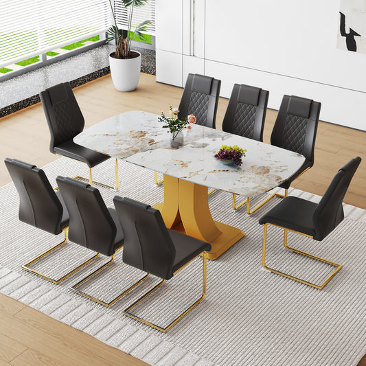 Paragon 71" Grand Dining Set – Pandora Glass Tabletop with 8 Ebonarch PU Chairs