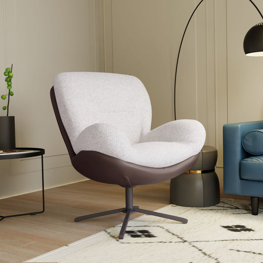 Orbelle™ 360° Swivel Accent Chair – White Chenille & Faux Leather Seat with Black Metal Base for Compact Spaces