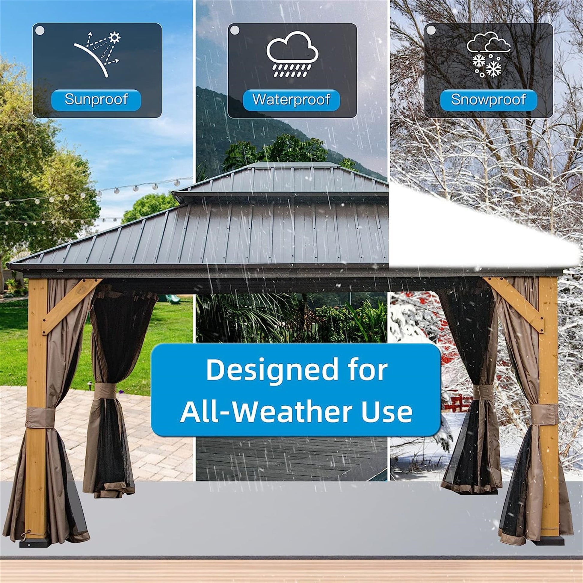 Aurelia 12x14' Cedar Hardtop Gazebo – Galvanized Steel Roof Pavilion with Curtains & Netting (Brown) - JUSTLIVE NESTJUSTLIVE NEST