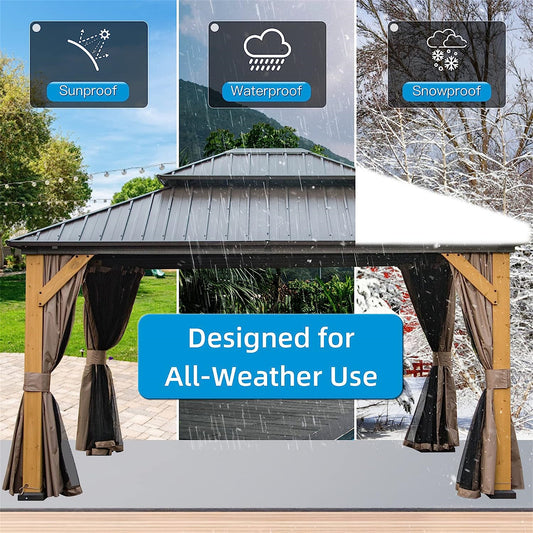Aurelia 12x14' Cedar Hardtop Gazebo – Galvanized Steel Roof Pavilion with Curtains & Netting (Brown) - JUSTLIVE NESTJUSTLIVE NEST