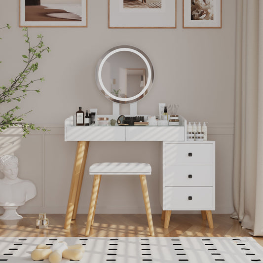 Glistra Extend Luxe – Glass Top Vanity with LED Mirror, 5 Drawers & Slide-Out Side Table