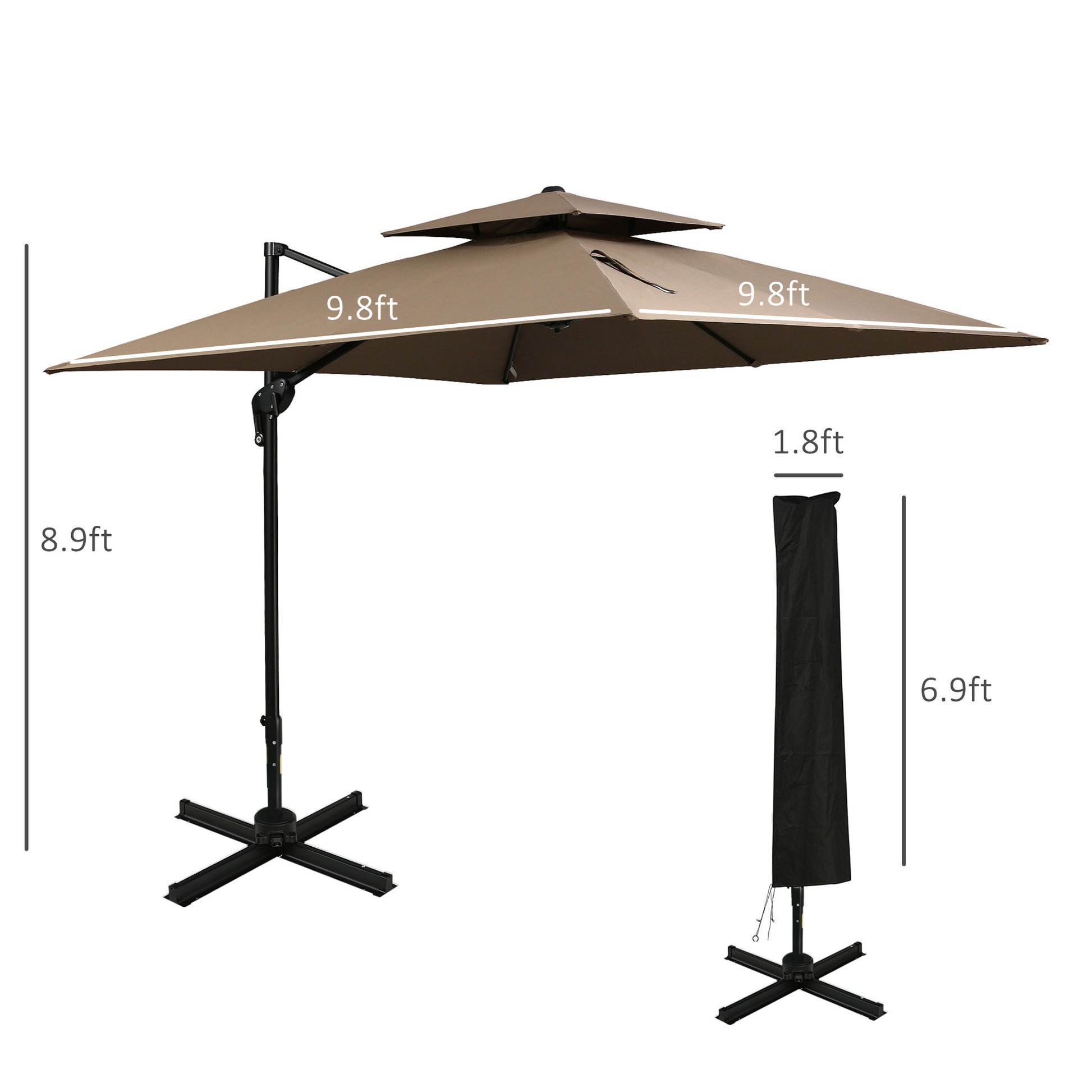 Solair 10' Double - Top Offset Umbrella – Hanging Cantilever with Crank, Base & 360° Rotation (Coffee) - JUSTLIVE NESTJUSTLIVE NEST