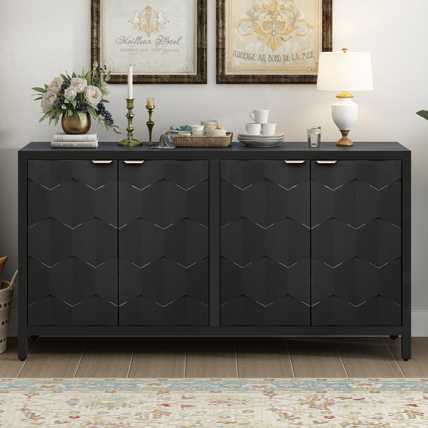 Luxora Sideboard – 4-Door Black Cabinet with Honeycomb Fronts and Spacious Storage