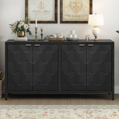 Luxora Sideboard – 4-Door Black Cabinet with Honeycomb Fronts and Spacious Storage