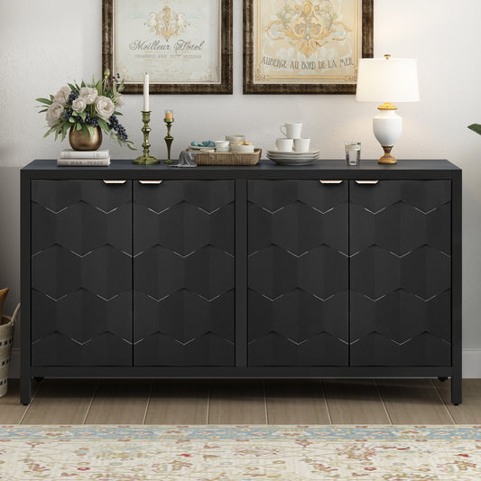 Luxora Sideboard – 4-Door Black Cabinet with Honeycomb Fronts and Spacious Storage