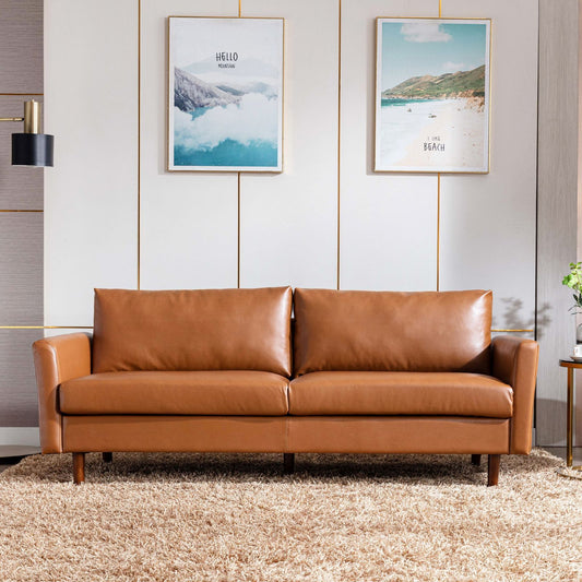 JUSTLIVE ‘Comfina Luxe” Sofa – Brown Faux Leather | 80” Mid-Century 3-Seater + Wood Frame + Cozy Cushions